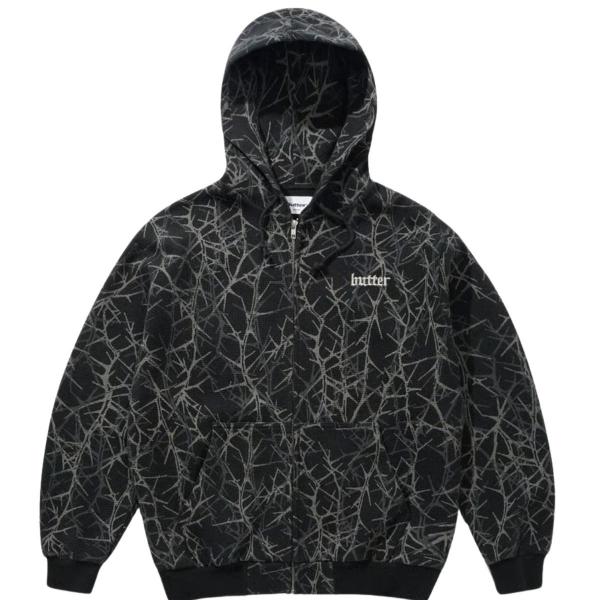 BUTTER GOODS THORN CAMO WAFFLE ZIP-TRHU HOOD BLACK FELPA